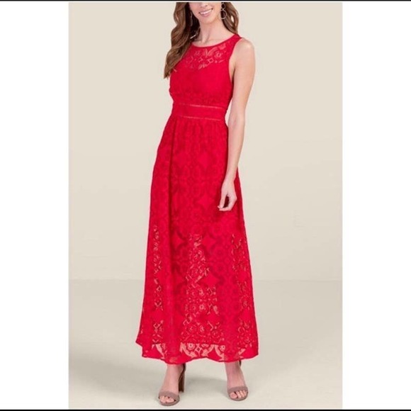 Red Lace Maxi Dress with Cut Out Back. Size Large - Picture 2 of 8